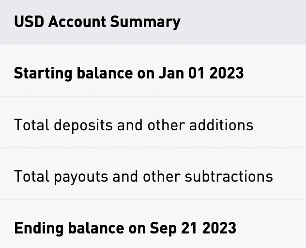 Airwallex USD Account Summary showing starting balance, deposits, payouts, and ending balance