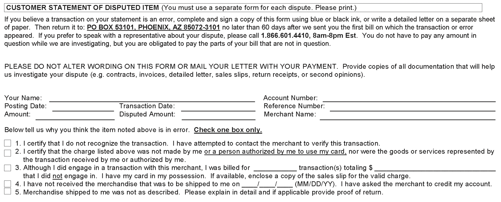 Bank of America Customer Statement of Disputed Item form with checkboxes and fill-in fields