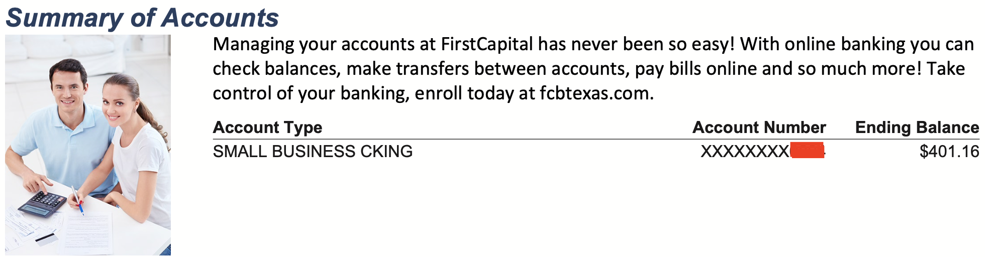 First Capital Bank summary page with stock photo and marketing text