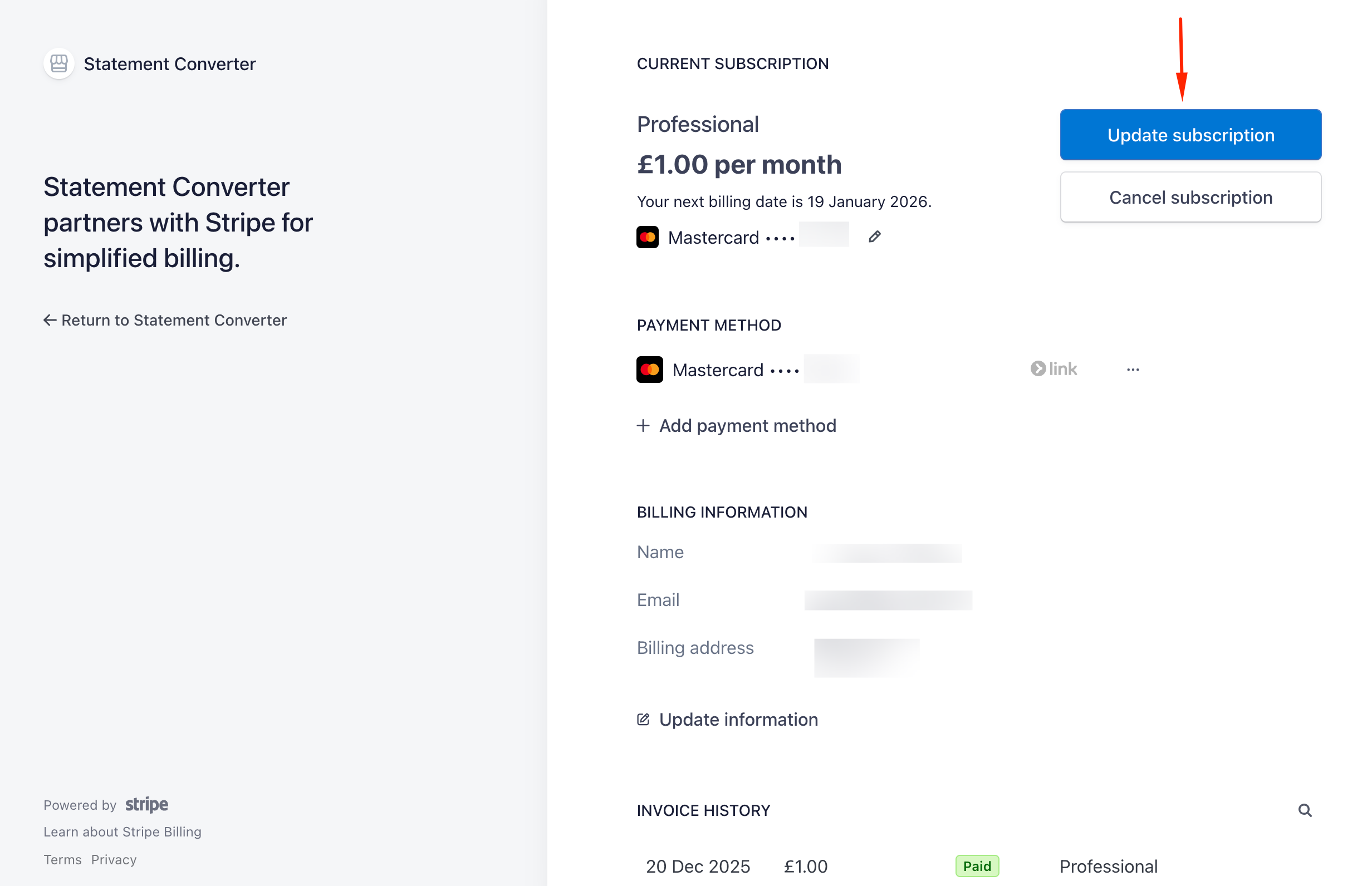 Stripe billing portal showing Update subscription button
