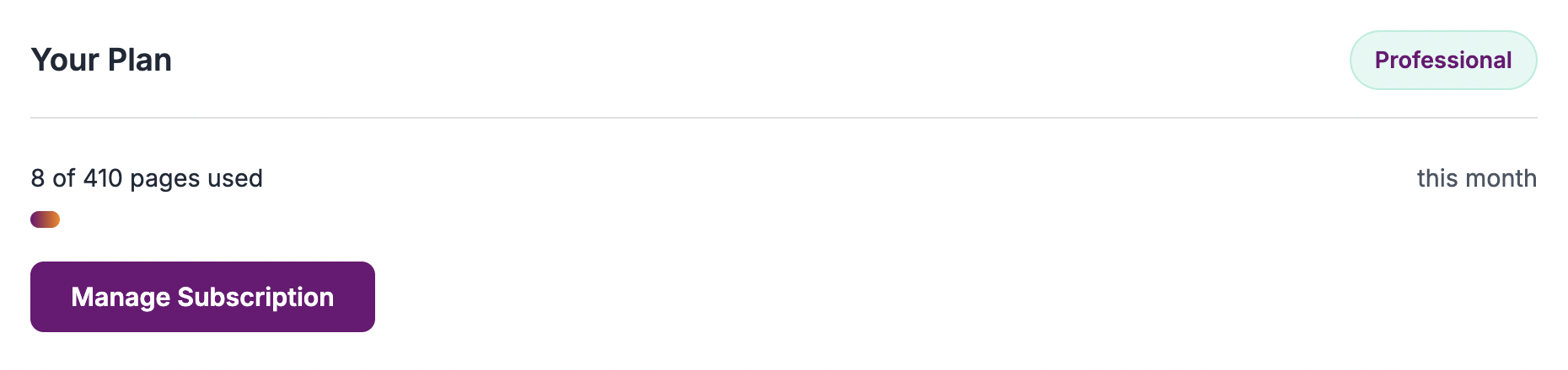 Settings page showing Your Plan section with Manage Subscription button